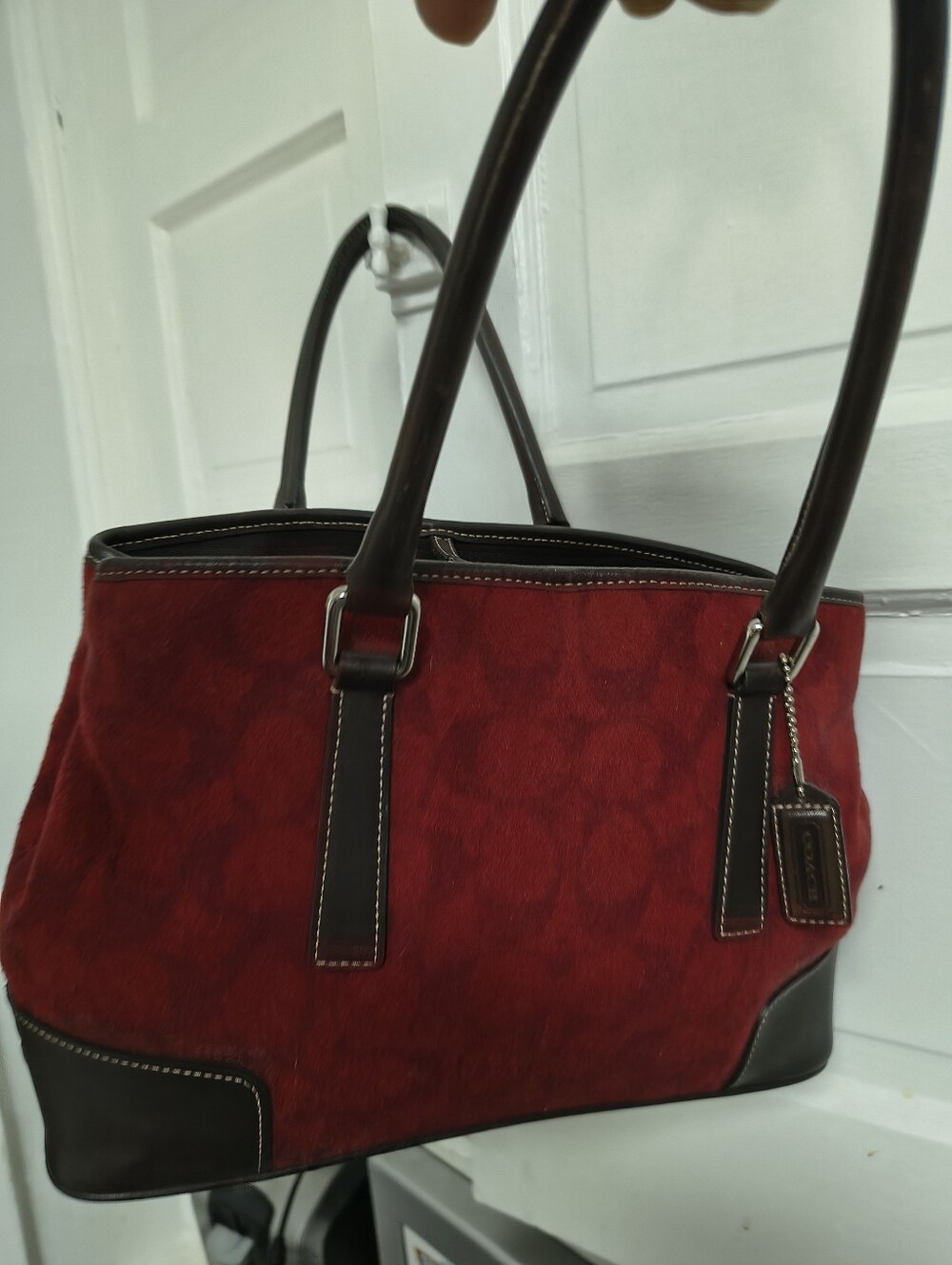 Coach Hamptons Weekend Signature Suede Tote Bag Red Brown Leather Excellent Cond - Picture 6 of 15